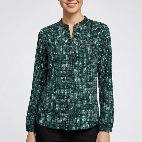 Cynthia Rowley Teal Black Abstract Grid Blouse Faux Leather Trim Split Neck Top - Picture 5 of 5